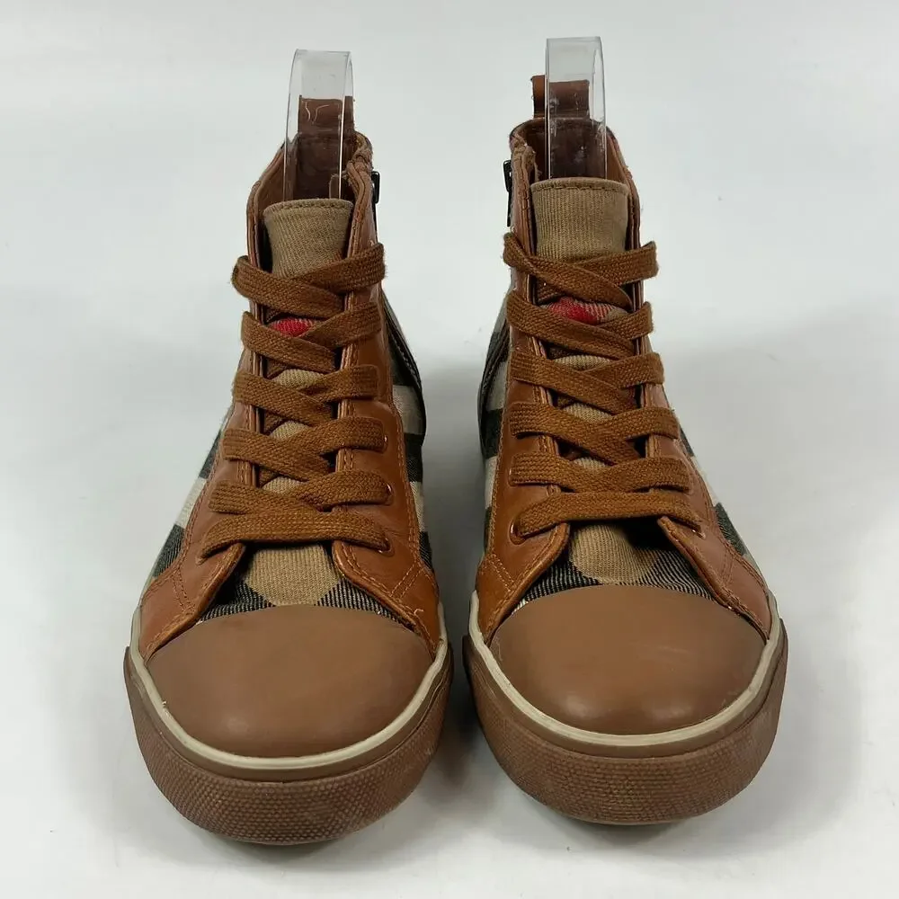Burberry Kids Sz 2 (33) Nova Check High Top Sneakers Brown Tan Canvas Leather